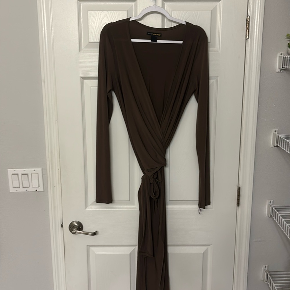 Olive spandex long sleeve wrap dress - L